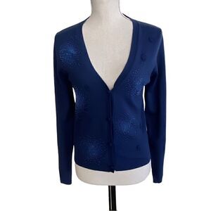 Diane Von Furstenberg Midnight Blue Beaded Silk Blend Cardigan Size Small